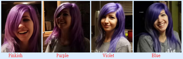 The hair color: pink, purple, violet, and blue