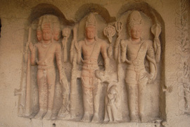 Statues of Brahm, Vishnu and Shiva at Ellora Caves