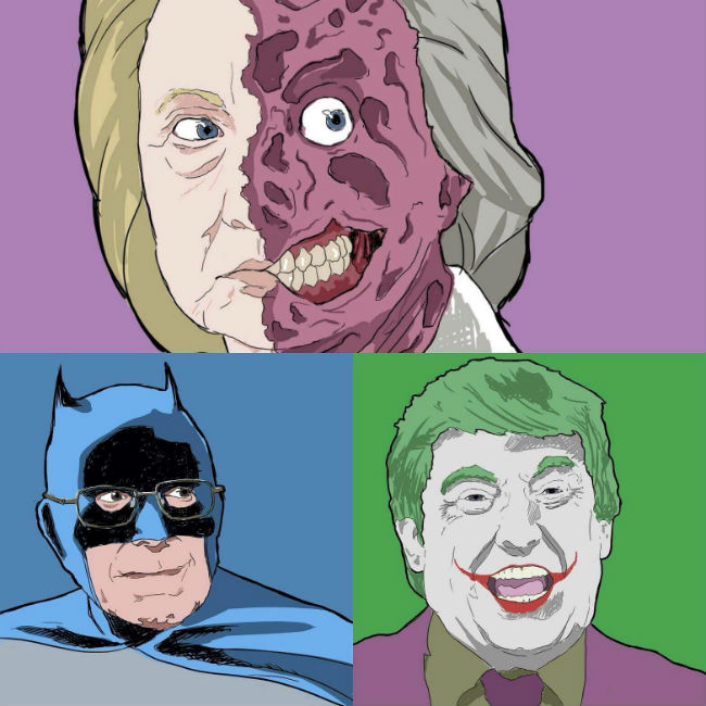Two-Face Hillary, Batman, and Joker Trump