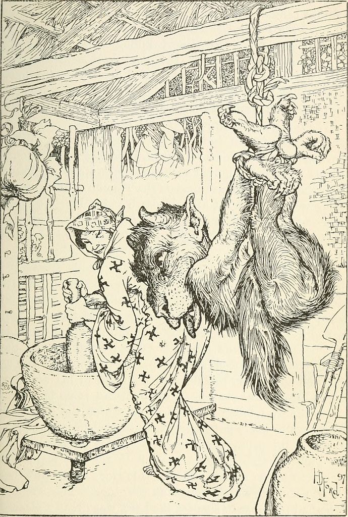 The tanuki begs the old woman to release him