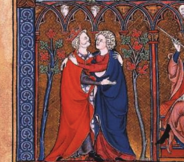 Biblical Prince Jonathan and David embrace