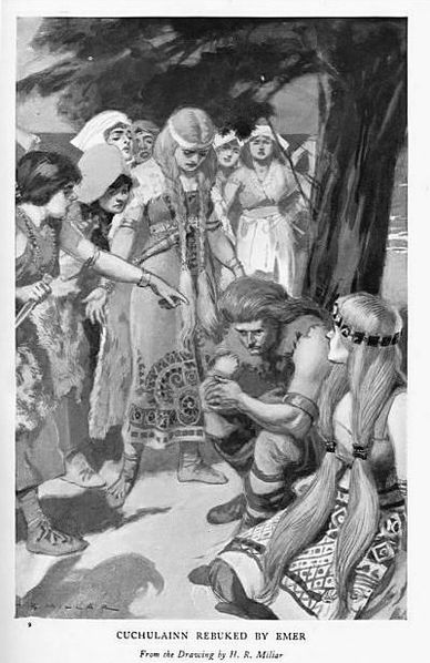 Cúchulainn rebuked by Emer (1905 illustration by H. R. Millar). 