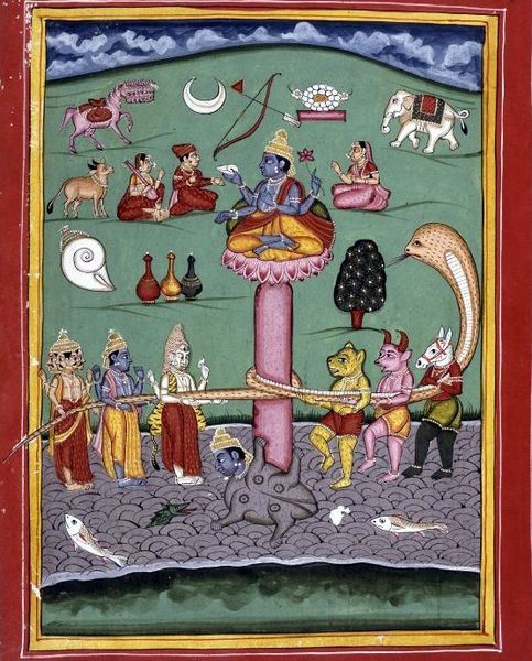 Samudra Manthan showing Fourteen Ratnas (gems or treasures)