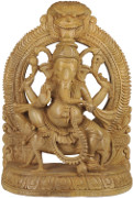 Lord Ganesha Seated on His Vehicle Rat with Floral Aureole and Kirtimukha Atop