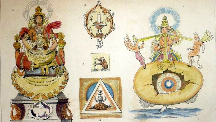 An attempt to depict the creative activities of Prajapati; a steel engraving from the 1850's