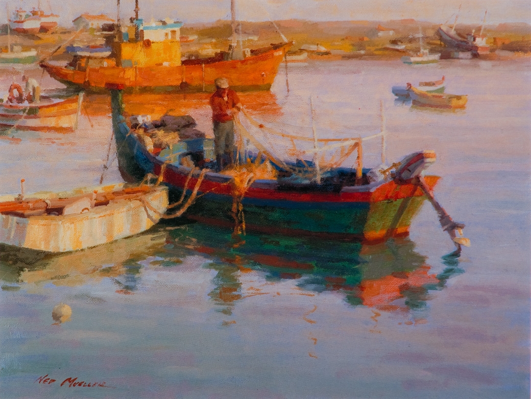 Ned Mueller Painting (Boat, Harbor, Water and Reflections)