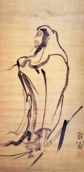 Bodhidharma crossing a river with a broken branch